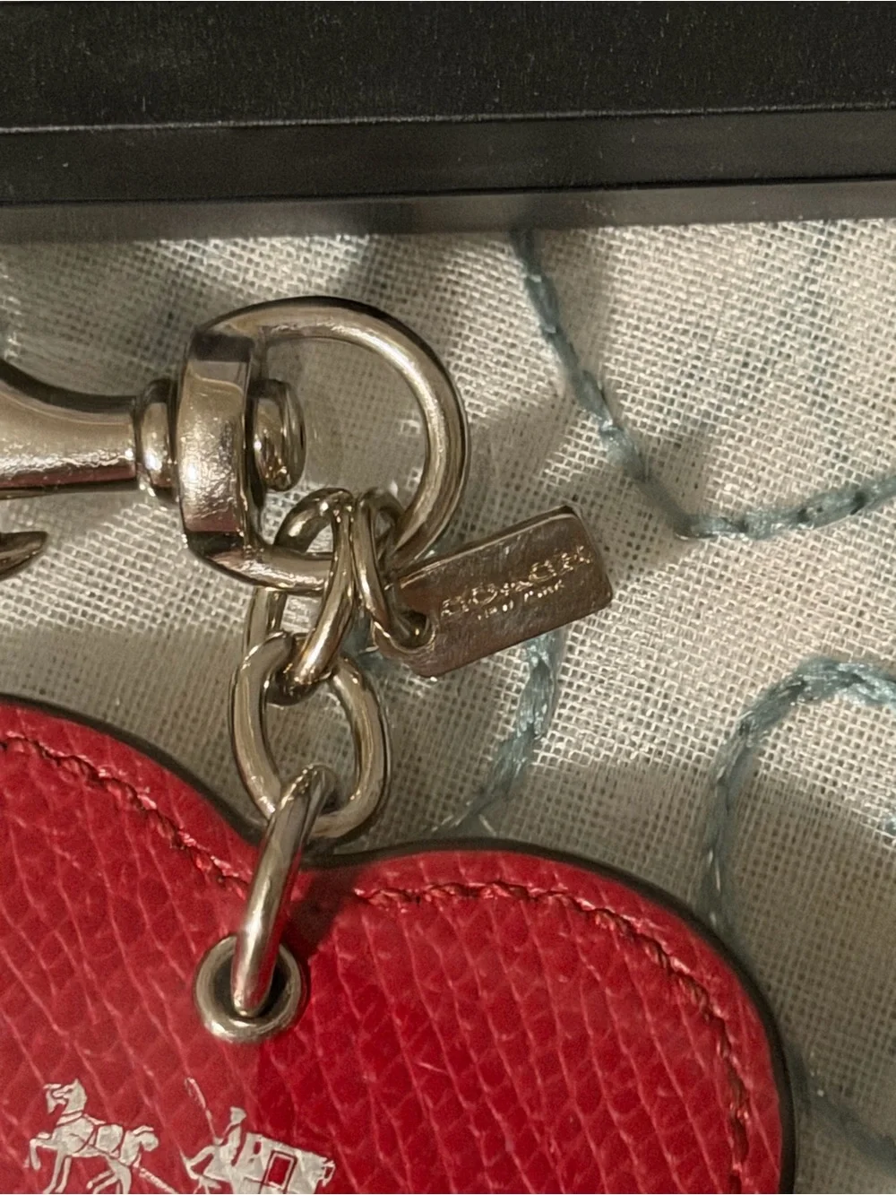Coach Red Leather Heart Bag Charm / Keychain With Silver Mini Hang Tag